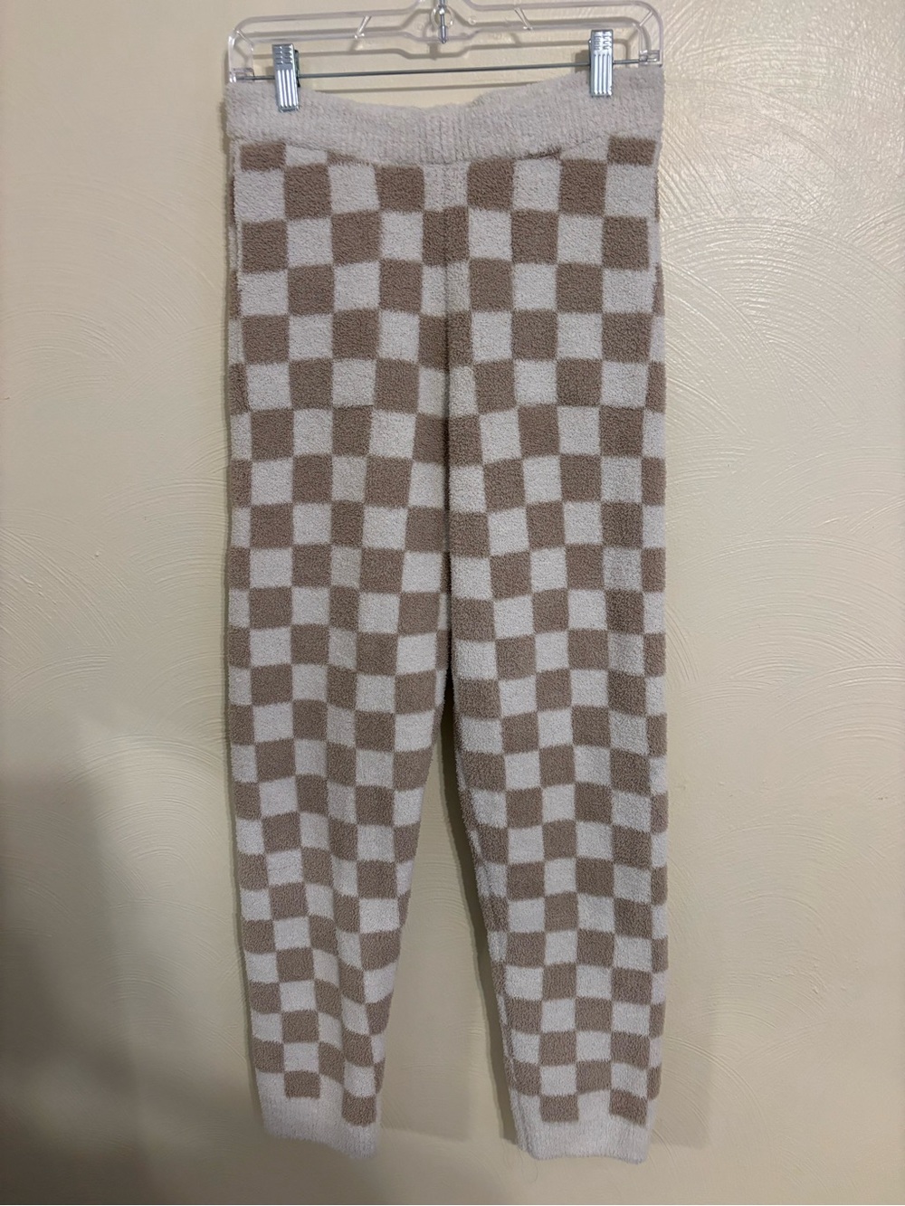 ComfyLuxe Plush Checkerboard Lounge Pants Soft Cozy M/L Beige Cream
